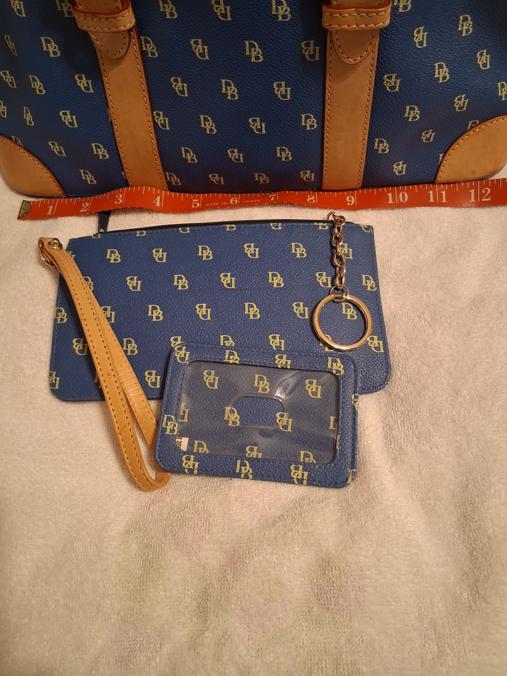 Dooney & Bourke Blue Monogram Satchel with Tan Trim and Accessories - Picture 2 of 6